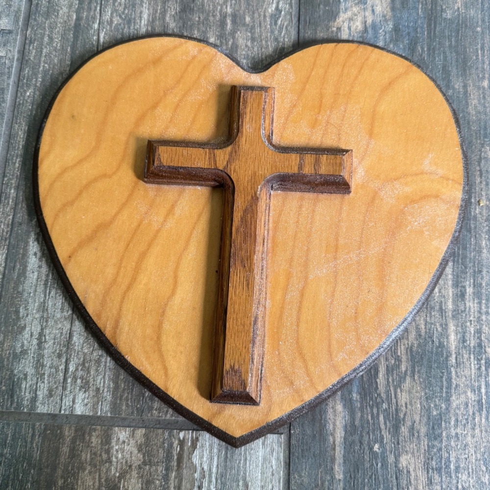 Handmade Wood Heart Cross Wall Plaque Religious Decor Brown Natural Grain Small